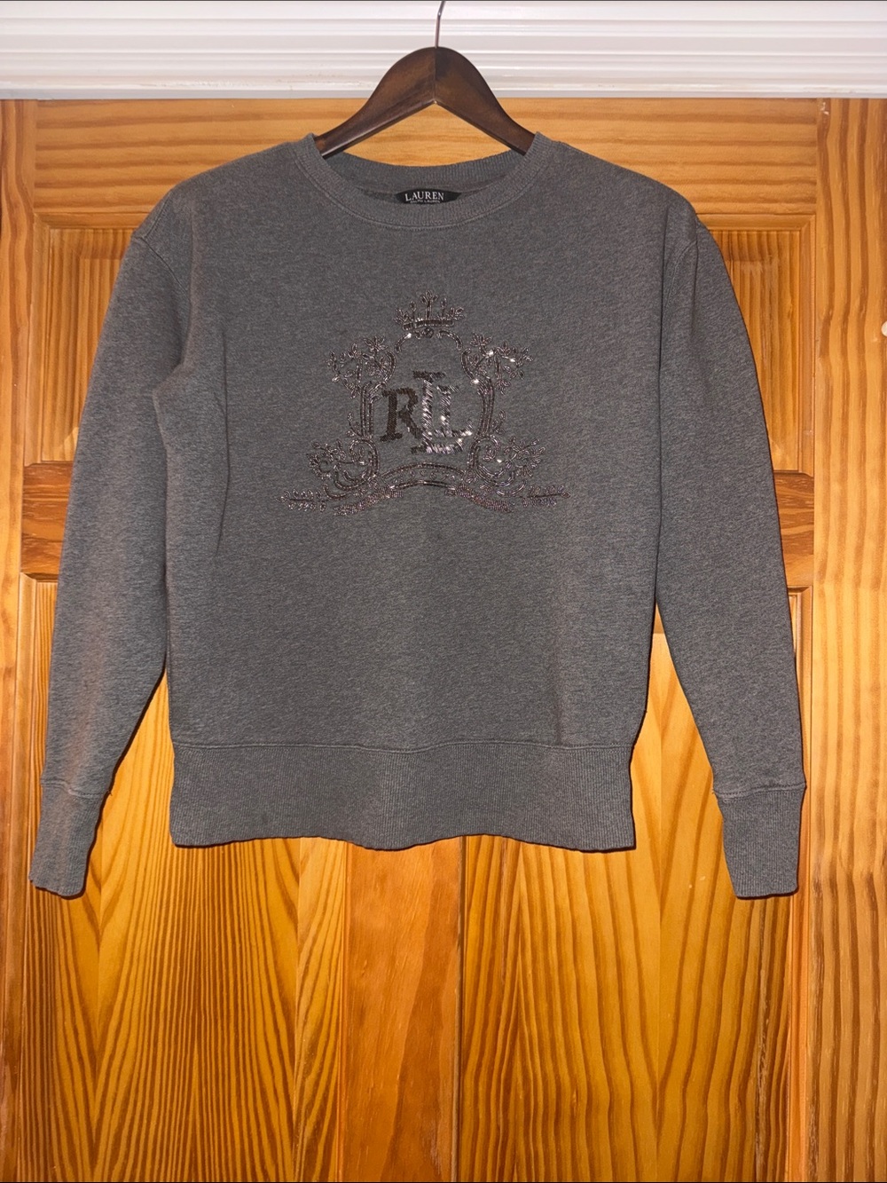 Ralph Lauren Charcoal Gray Embellished beaded Crest Crewneck Sweatshirt xxs